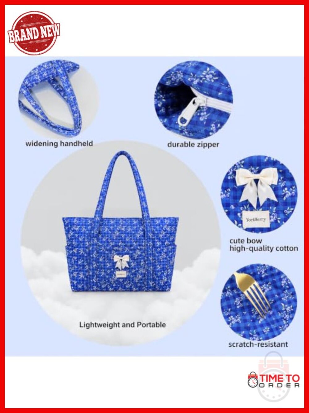 Quilted Cotton Tote Bag with 7 Pockets, Zip Top, Lightweight - Picture 3 of 6